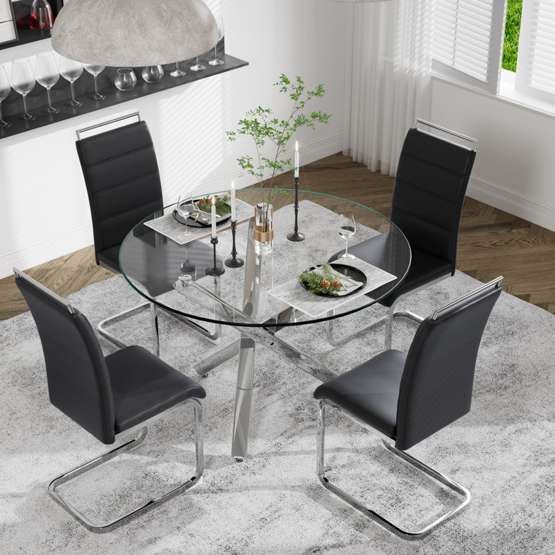 Ensemble de salle à manger 5 pièces, table de salle à manger ronde avec verre trempé et 4 chaises rembourrées, Noir, Argent