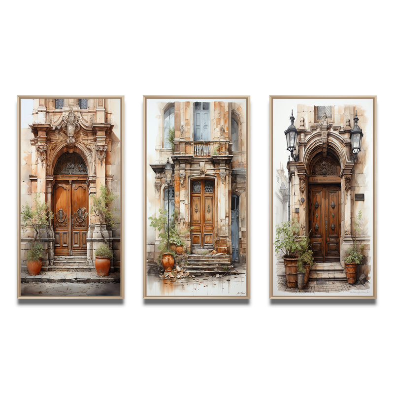 Porte de la vieille ville de France - ensemble de 3 pièces, Encadré naturel, H 32 po x l 48 po