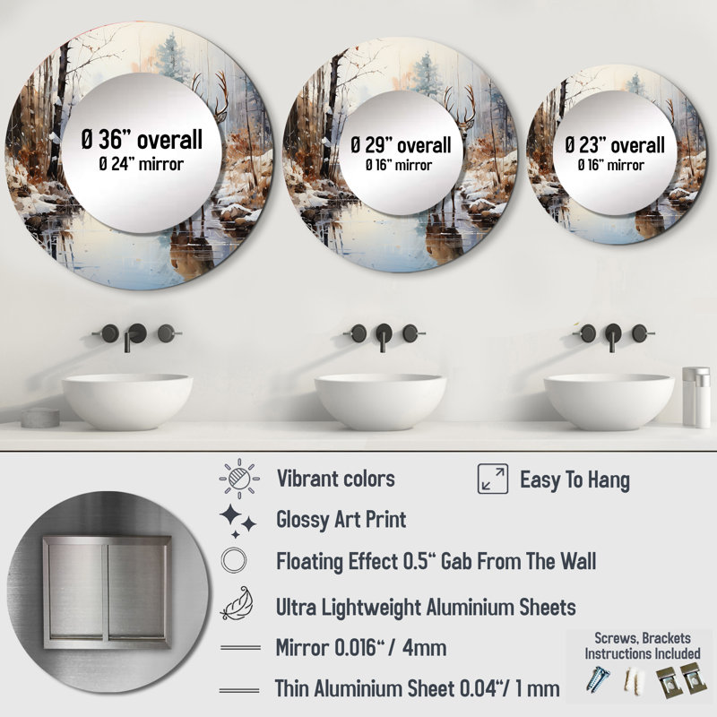 Sabeel Deer Winter Serenade - miroir mural cerf, art mural, 29 po x 29 po