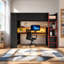 Lit mezzanine simple en bois avec bureau, tablettes multiples, DEL et station de charge, noir et rouge-92602021