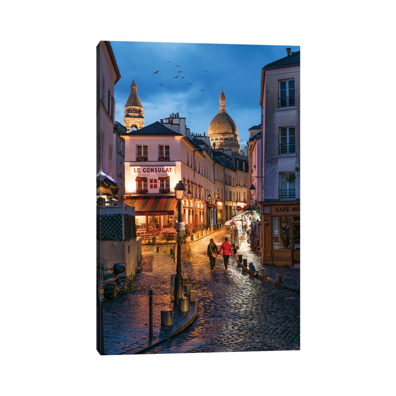 Streets Of Montmartre At Night With Sacré-Cœur Basilica In The Background, Paris, France by Jan Becke - Wrapped Canvas Gallery-Wrapped Canvas Giclée