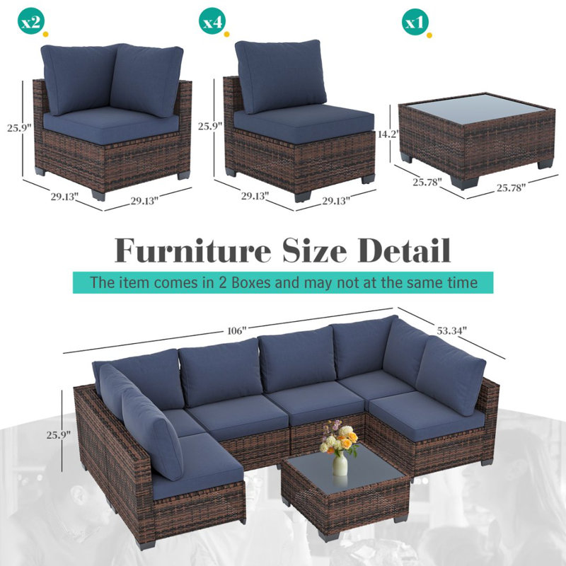 Ensemble de meubles de patio 7 pièces, ensemble de canapé modulaire en osier, ensemble de conversation modulaire en rotin avec coussins, ensemble de canapé et table basse pour l'extérieur, jardin, balcon, porche