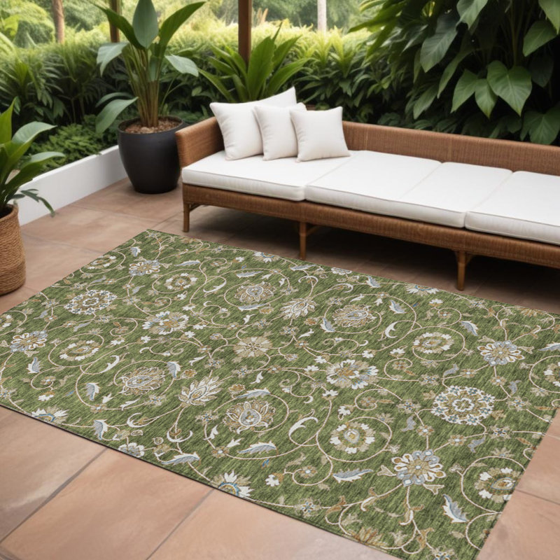 Tapis intérieur / extérieur marocain 8 pi x 10 pi vert olive brun et ivoire lavable