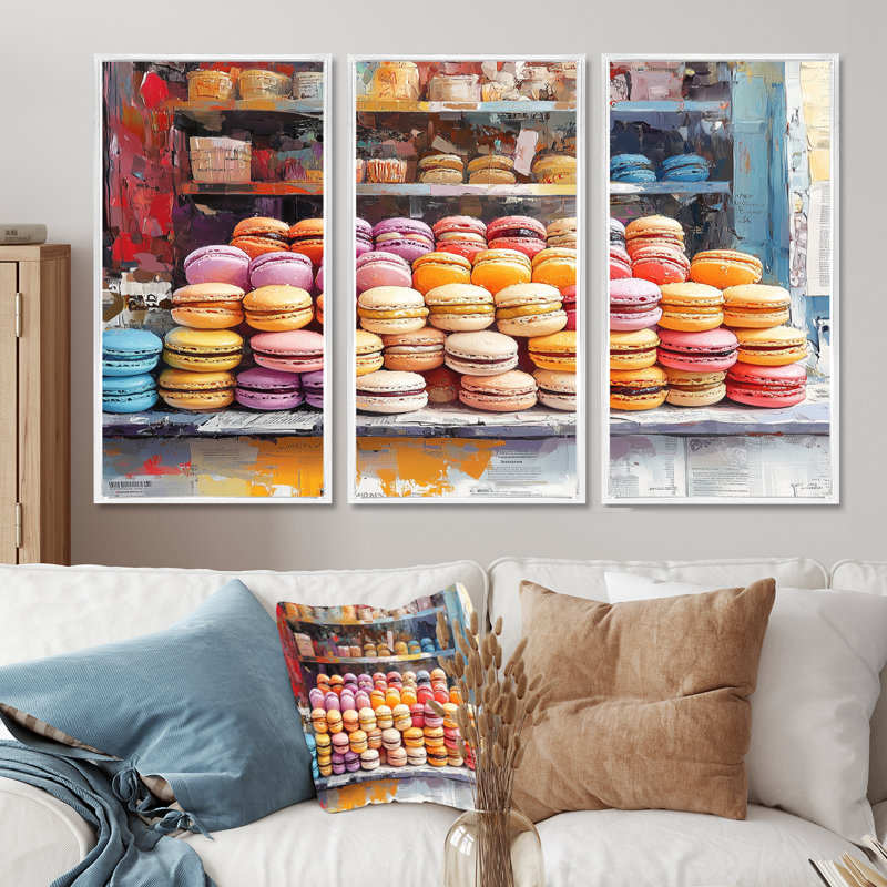 «Yellow and Pink Desserts» Macaron Bar II - Desserts, ensemble d'art mural, Toile encadrée flottée blanche