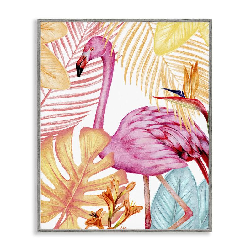 Flamant rose et plantes aux couleurs vives, art de la giclée encadrée, design par Kim Allen, Estampe numérique Farmhouse