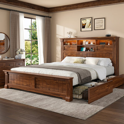 Queen Bed Frame with 54" Tall Bookcase Headboard & 4 Storage Drawers, Farmhouse Wood Platform Bed Frame with LED Light, Charging Station, 18" Tall Roman Column Footboard, No Box Spring Needed, Brown