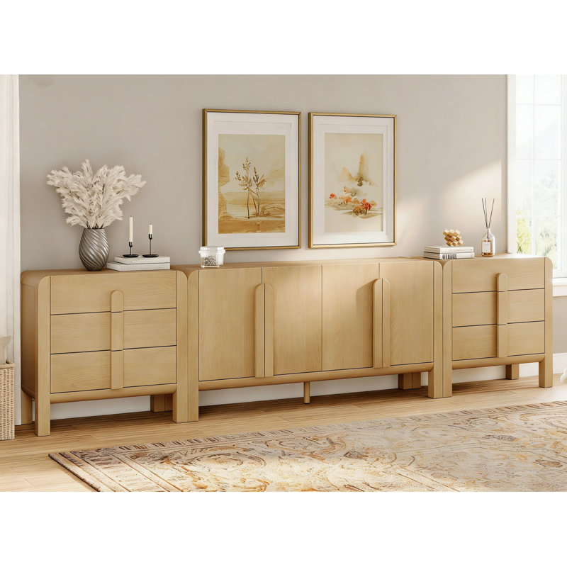 Ackerman 126" Wooden Dresser Set For Bedroom, 3Pcs Large Mid Century Modern Dresser For Closet, Curved Profile Wooden Chest Of Drawers For Living Room