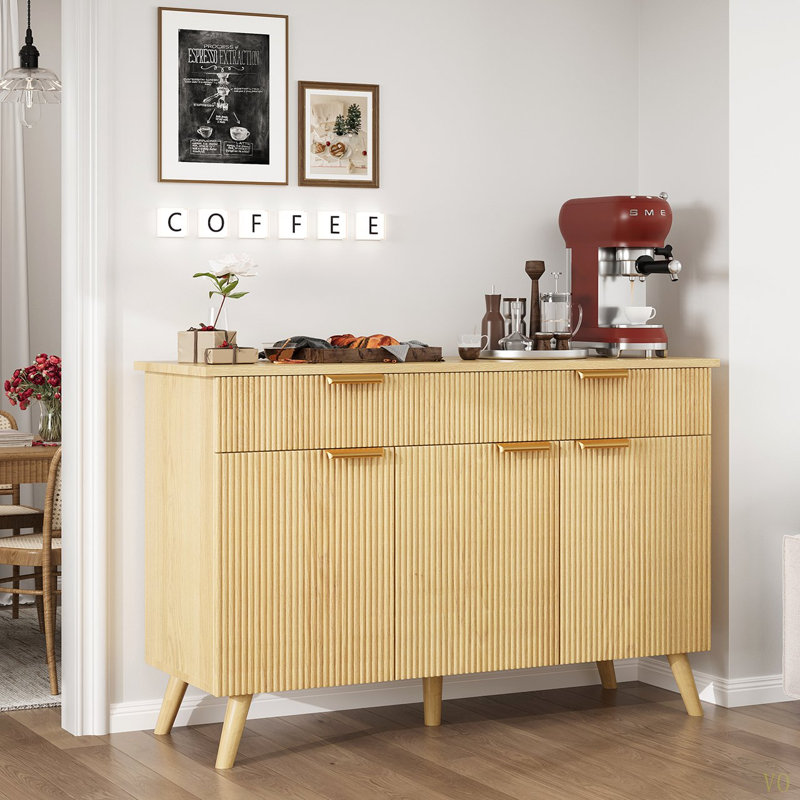 Kitchen Storage Cabinet With Drawers And Doors, Modern Fluted Sideboard Buffet Cabinet With Adjustable Shelves For Living Room