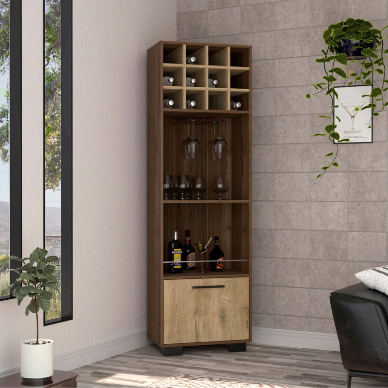 Marsella Corner Bar Cabinet, Eight Built-in Wine Rack, Two Side Shelves, Brown