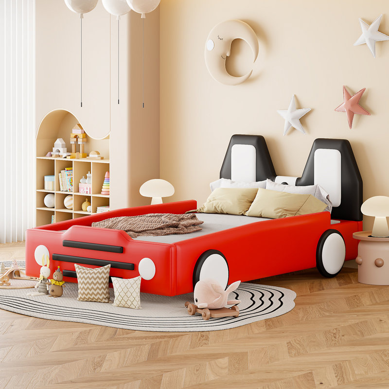 Twin Race Car Bed for Kids, Red Car-Shaped Platform Bed with Wheels, Fun Twin Size Bed Frame, Red