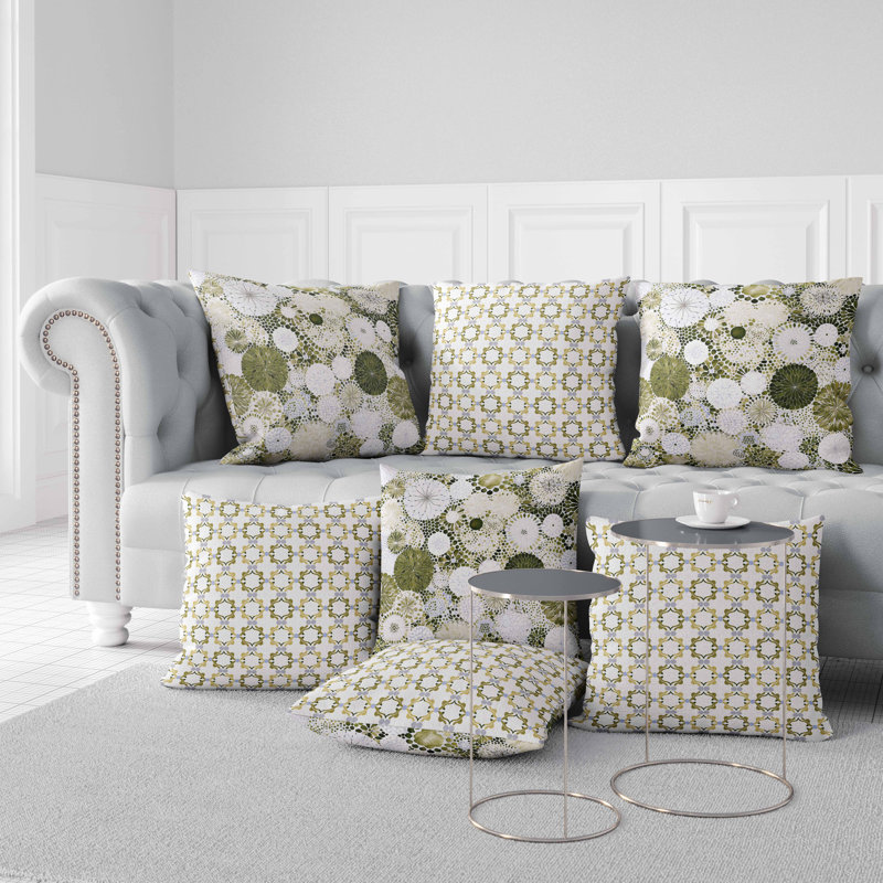 Green and Cream Floral Geometric Faux Suede Throw Pillow