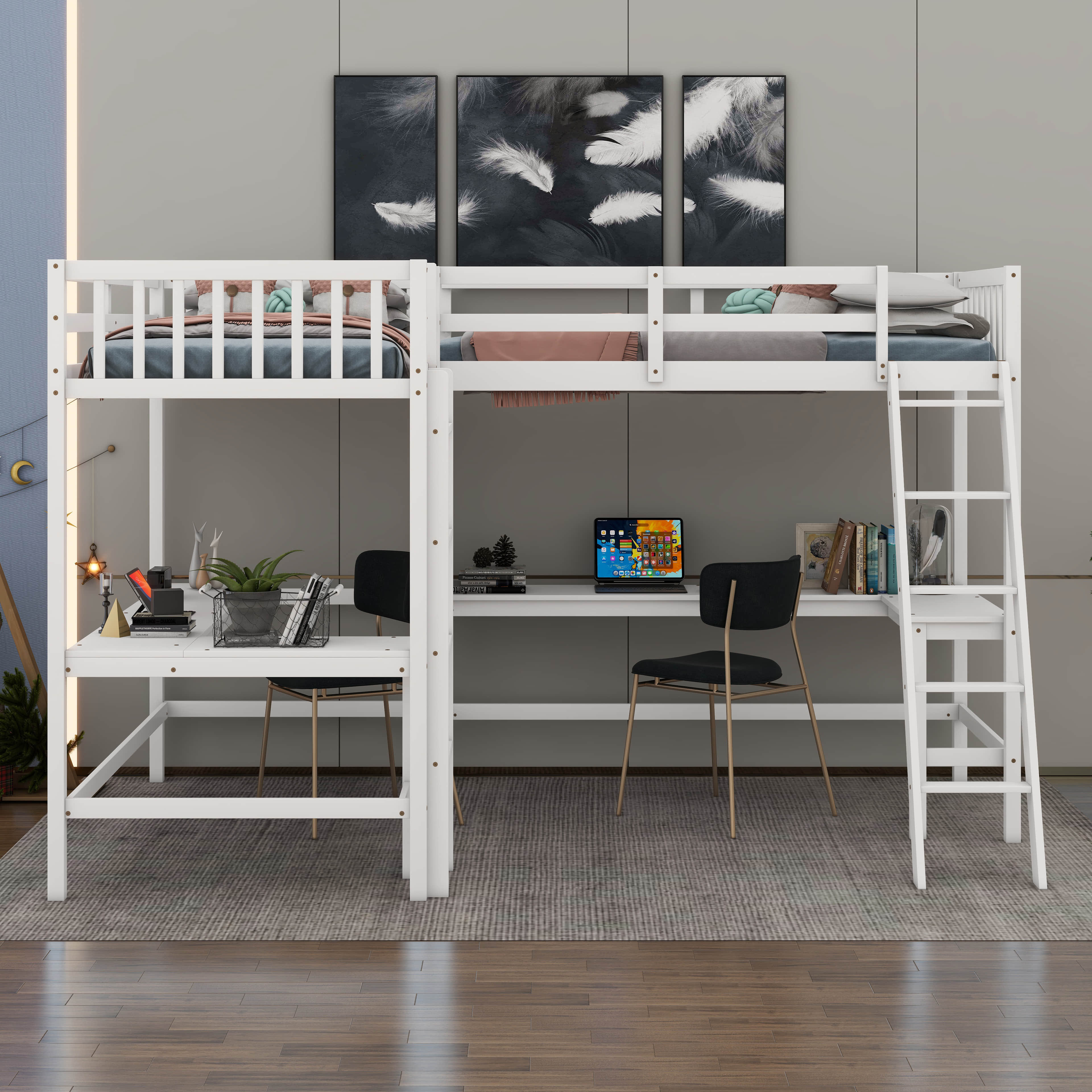 Harriet Bee Jaryel Wood Twin Size LShaped Loft Bed with 2 Builtin L