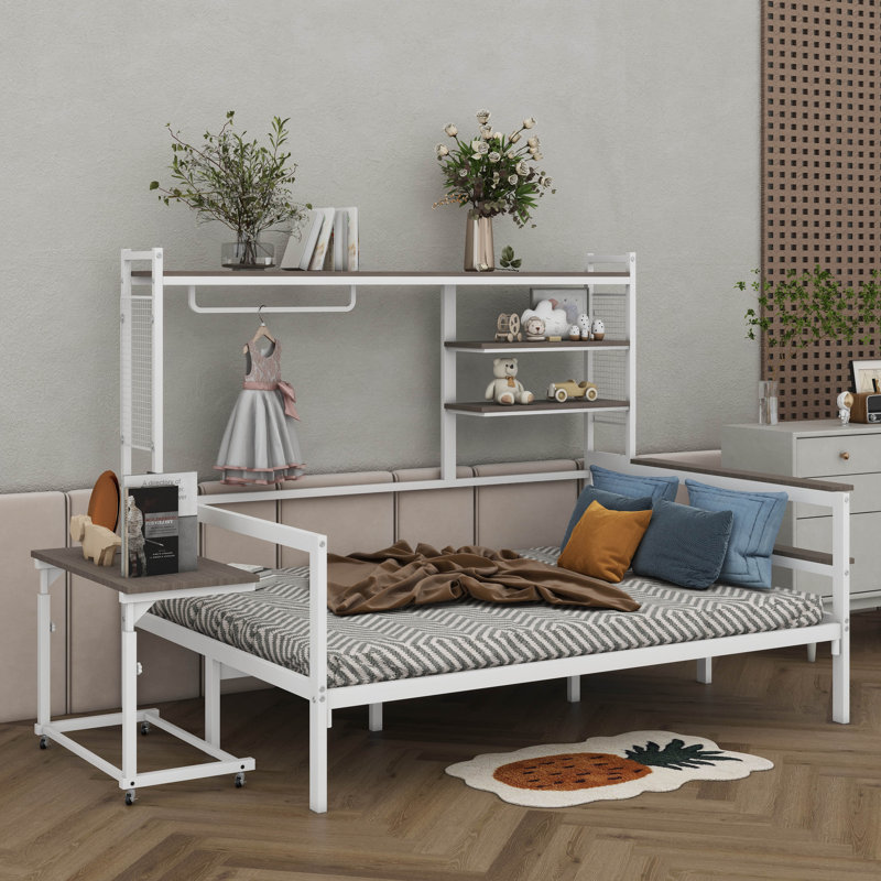 Lit de jour polyvalent en métal avec bureau réglable, grille robuste, tablettes utiles et support pratique, Lit double, Blanc