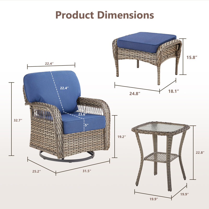 Ensemble de chaises pivotantes en osier d'extérieur à dossier en T avec repose-pieds et table d'appoint