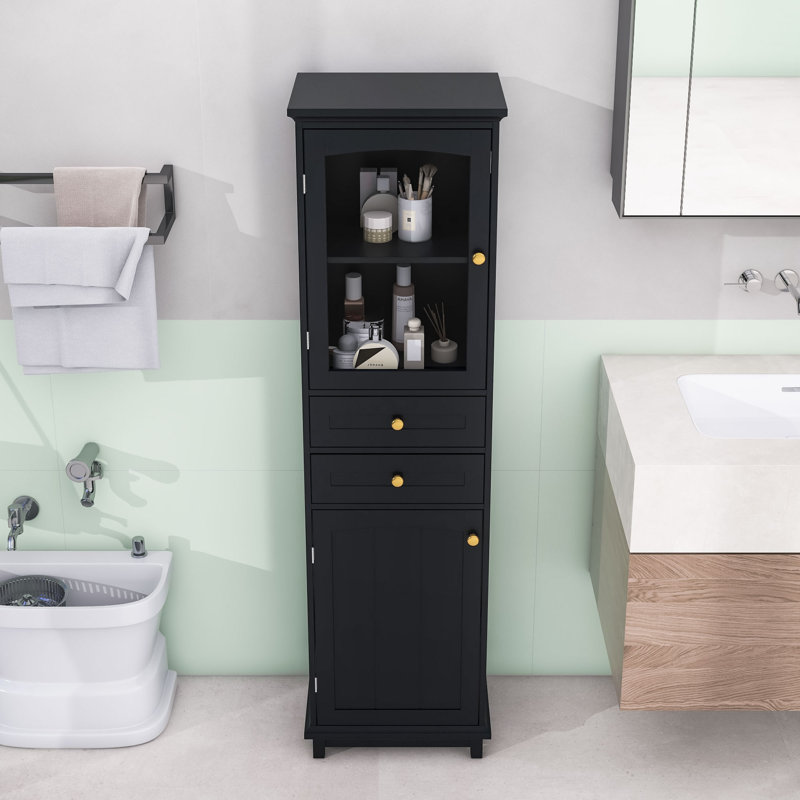 Grande armoire de salle de bain avec portes en verre, tablettes réglables et 2 tiroirs, 63" x 18" W x 14.5" D