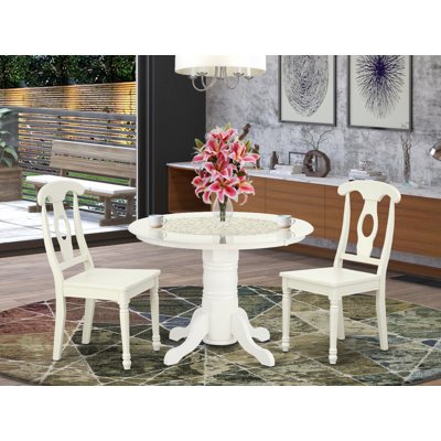 3 Piece Kitchen Table Set for Small Spaces Contains a Round Dining Table with Pedestal and 2 Dining Room Chairs, Linen White