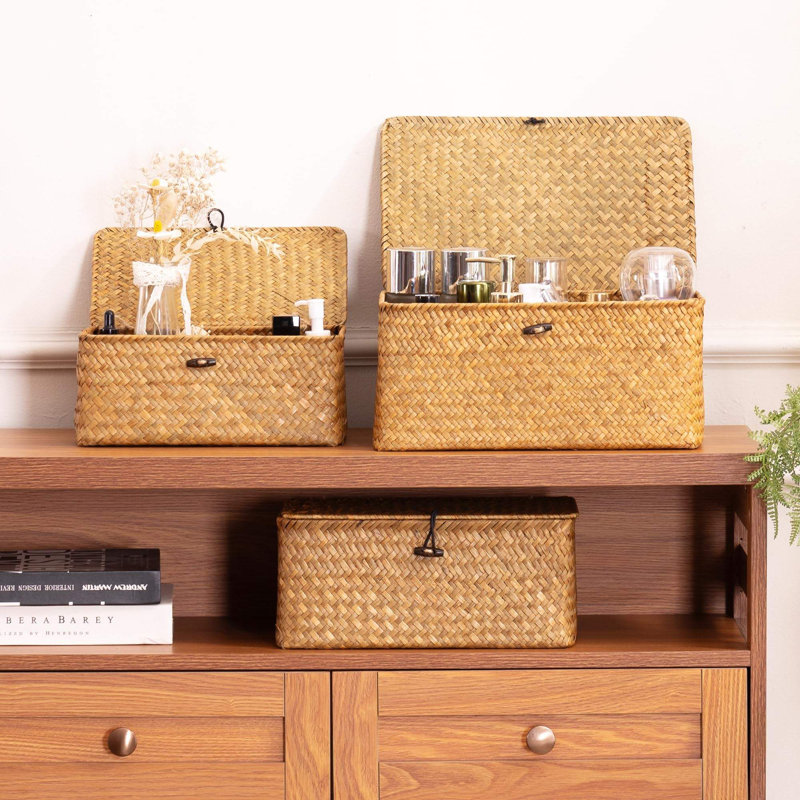 Natural Seagrass Set Of 3 Rectangular Storage Baskets With Lids