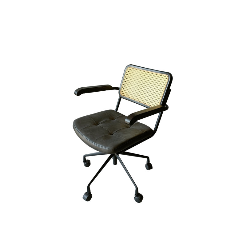 SEAT4U Contemporary Rattan Back, PU Upholstered Office Chair, Dark Charcoal Gray