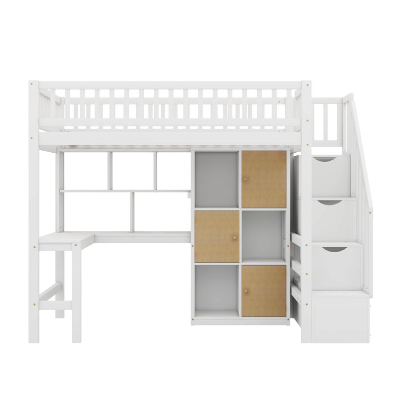 Lit surélevé simple en bois intégré avec bureau, éclairage à DEL, tablettes de rangement, armoires et escalier