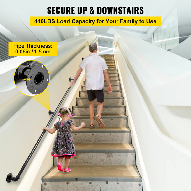 Black PVC and Stainless Steel Stair Handrail with Wall Mount