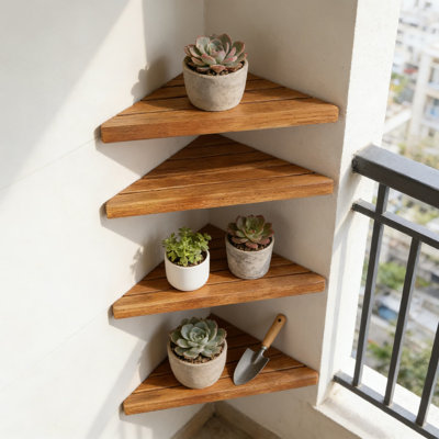 Acacia Wood Corner Shower Shelf - No Drill Required Bathroom Storage For Tiled Walls, Space Saving Triangular Design