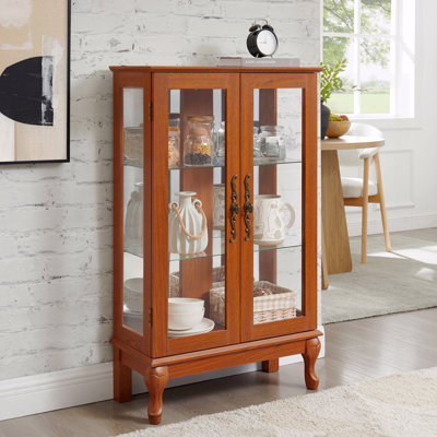 Vitrine, verre, tablettes réglables, porte vitrée 2 portes, porte vitrée avec portes trempées, armoire vitrée avec panneau arrière en miroir et éclairage