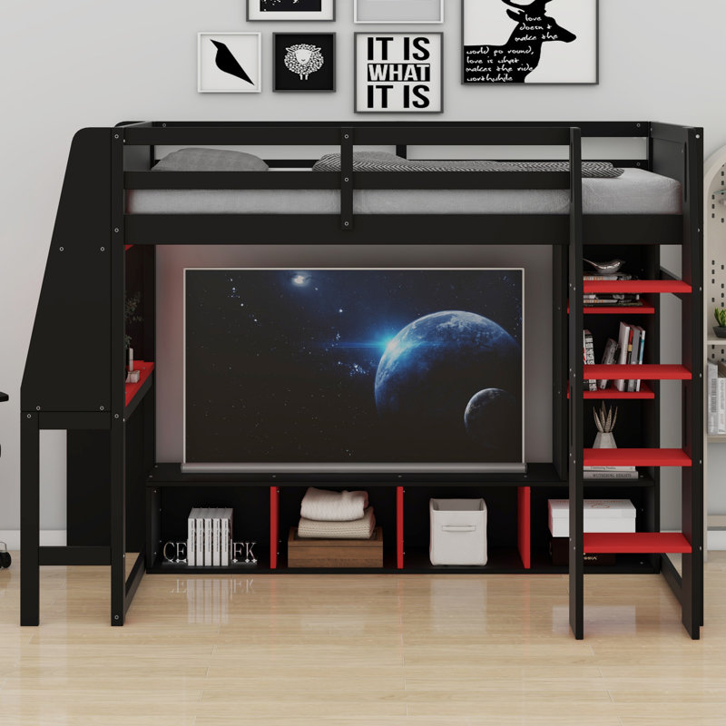 Lit mezzanine en bois avec bureau, étagères à rangement multiples, DEL et portemanteau suspendu, Lit simple