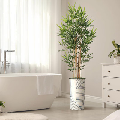Artificial Tree in Contemporary Geometric Pattern Planter Fake Bamboo Silk Tree Plant Pot Plus Tree