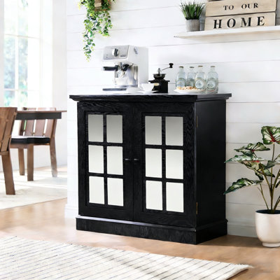 Buffet de salle à manger avec portes en miroir, tablette réglable, poignées en métal, grain de bois 3D - Compact, élégant, sécuritaire pour les familles