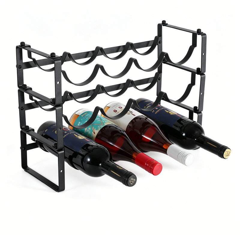 3‑Tier Stackable Wine Rack, 12‑Bottle Metal Wine Storage Holder, Freestanding Wine Bottle Organiser for Kitchen Countertop, Bar, Cabinet, Matte Black