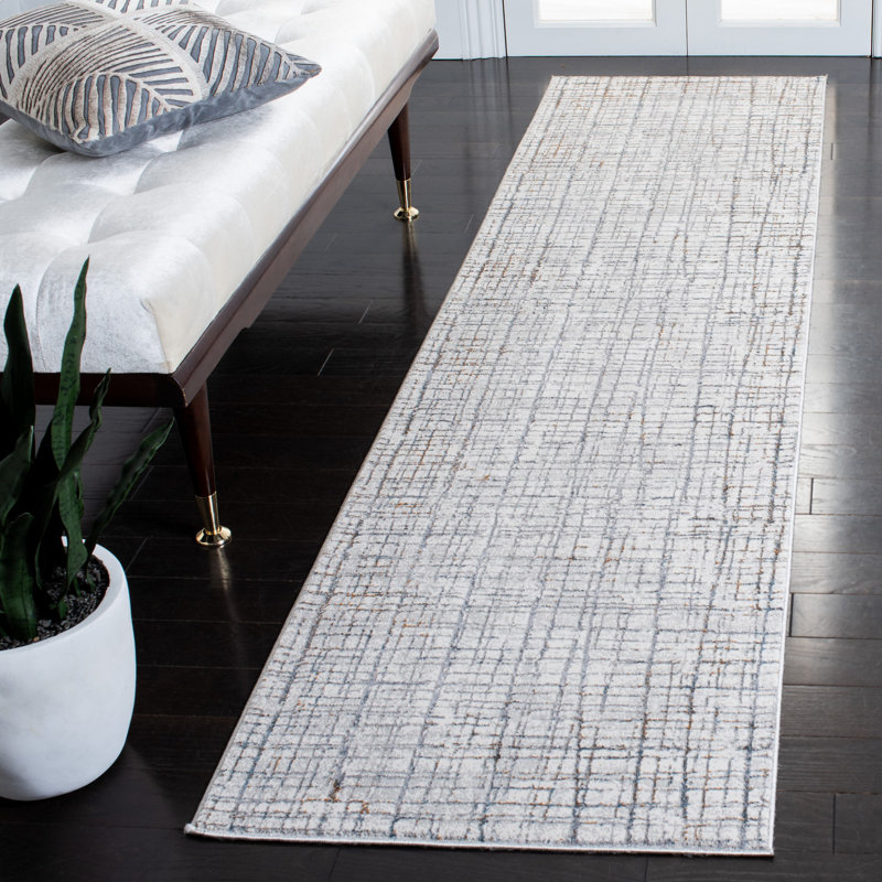 Tapis géométrique ivoire / brun / bleu, Tapis de couloir 2 pi 2 po x 9 pi