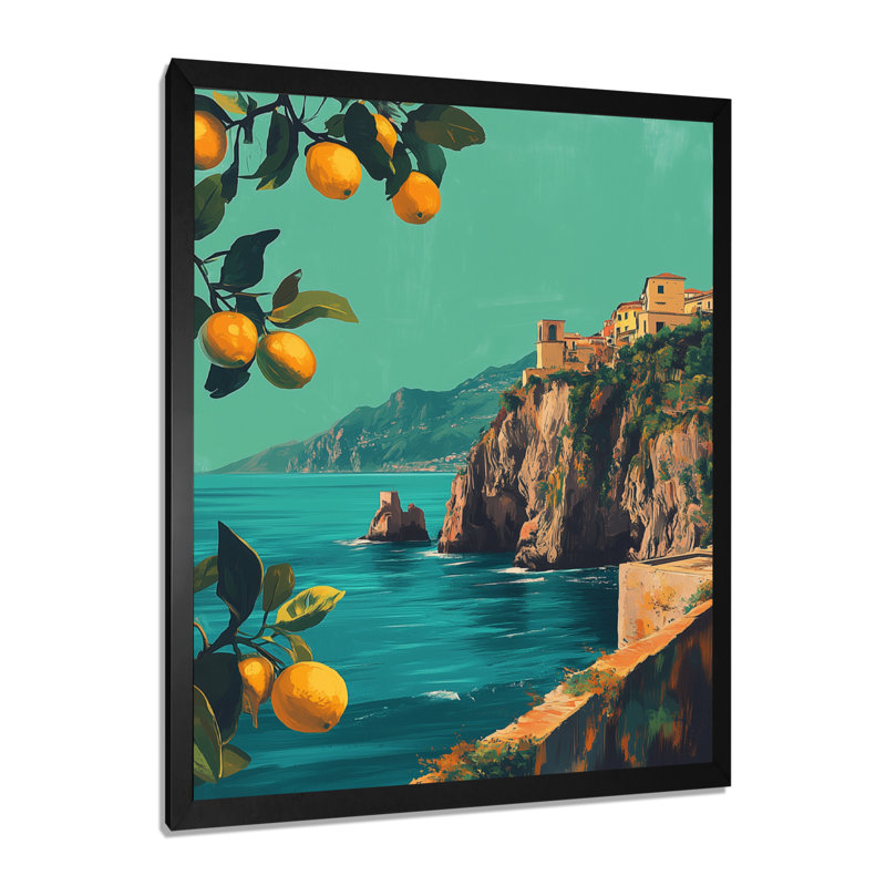 Amalfi bleu sous une lumière solaire vintage I - Tableau encadré de style côtier méditerranéen, H 32 po x l 24 po