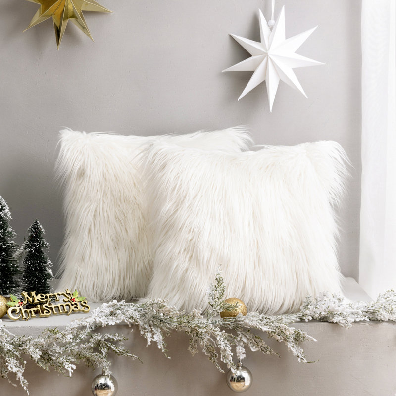 Chrismas Long Faux Fur Collection Faux Fur Reversible Throw Pillow, Cream, 18" x 18"