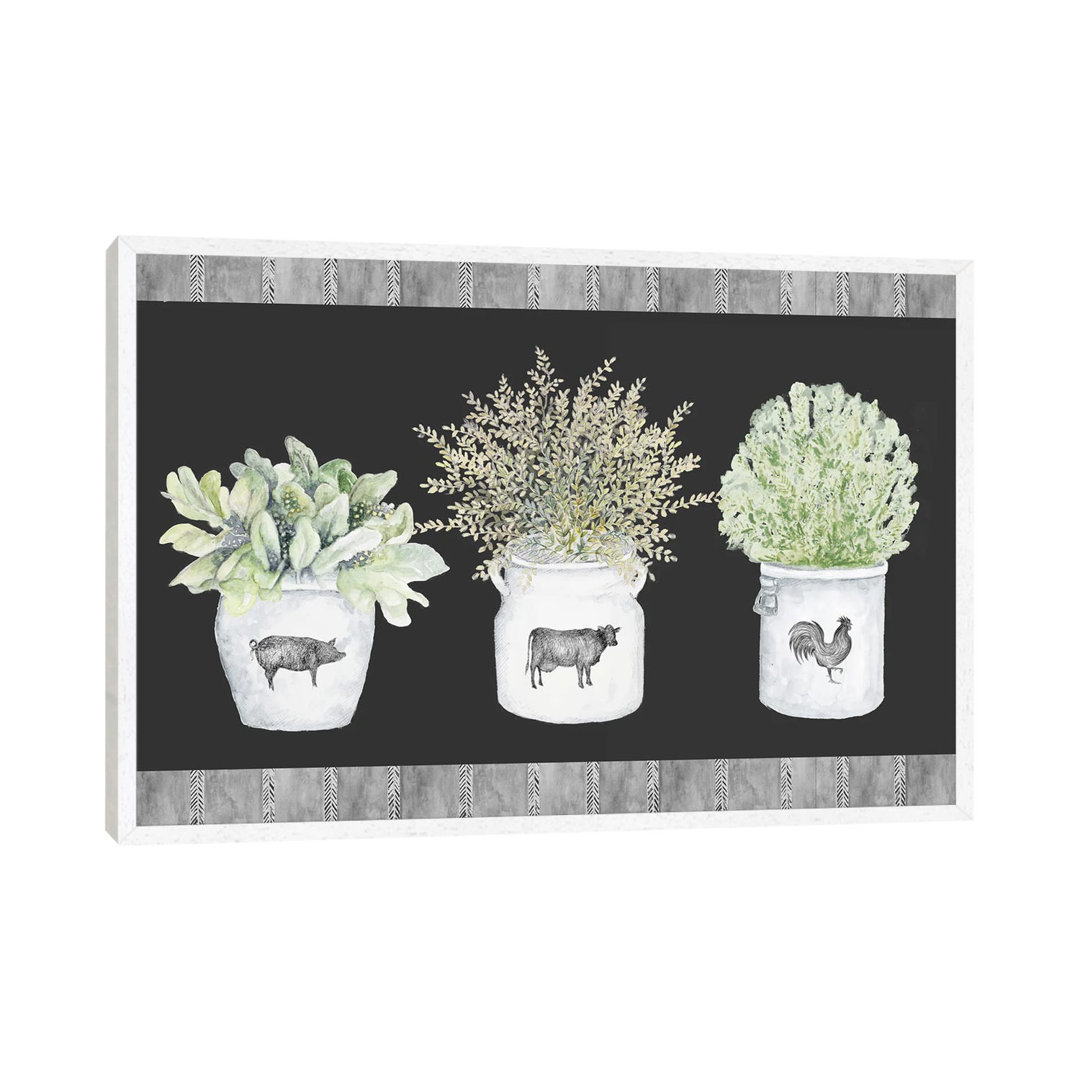 Potted Farm Arrangement Trio On Chalkboard by Janice Gaynor - Painting on Canvas