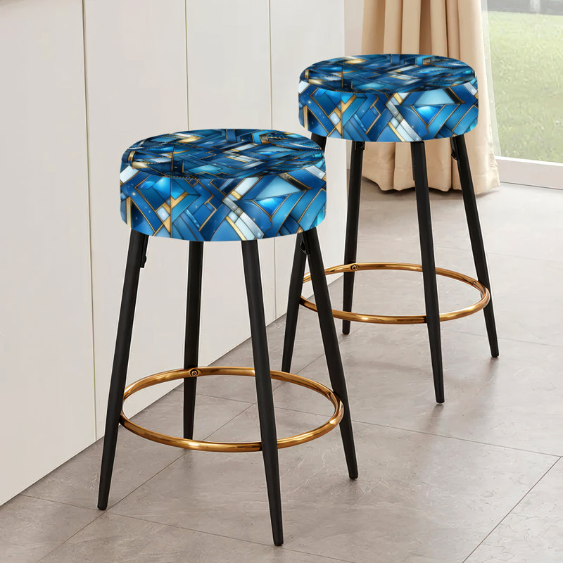 Ensemble de 2 tabourets de bar géométriques à motif mosaïque bleu