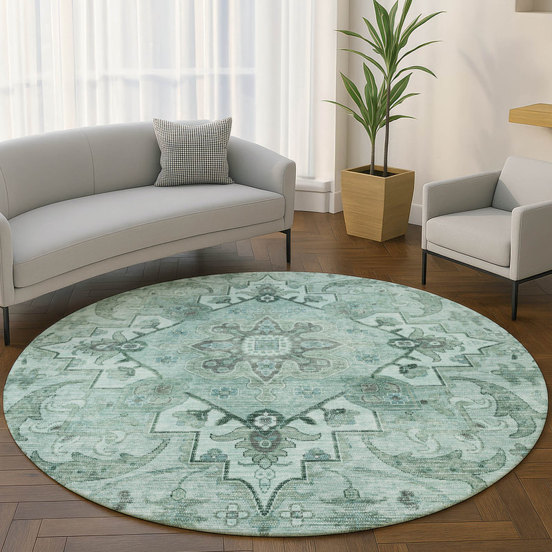 Premium Machine Washable Mayfield AMF2164 global Rug, Teal, Round 8' 