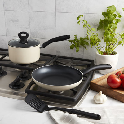 Basic Essentials 4-Piece Non-Stick Aluminum Cookware Set, 2.5QT Saucepan with Glass Lid and 9.5" Open Frypan with Nylon Turner
