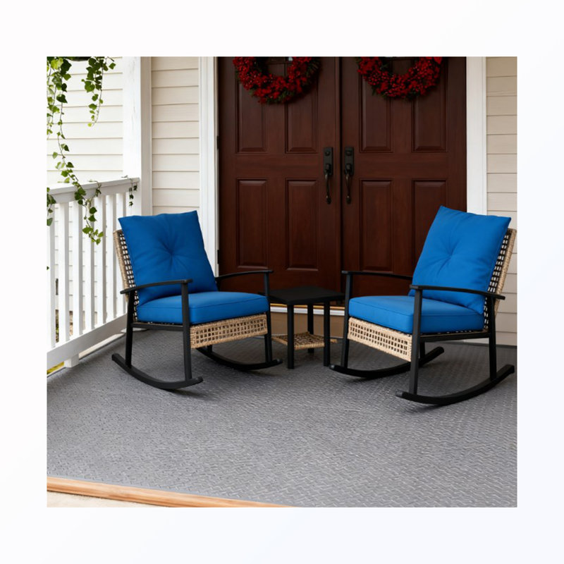 Chaise berçante de patio en osier avec coussins et table capitonnés (2 chaises), Beige