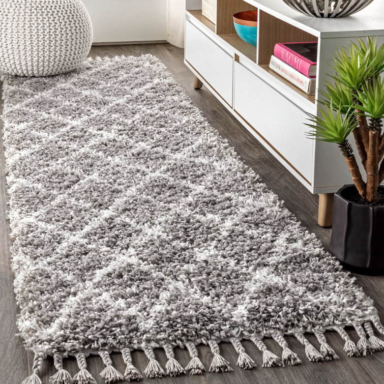 Cantera Shag Plush Tassel Moroccan Geometric Trellis Gray/Cream Rug