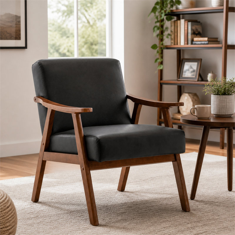 Chaise d'appoint 1 pièce en cuir de polyuréthane noir avec assise en bois de style Mid-Century moderne pour le salon, la chambre à coucher et le vestibule