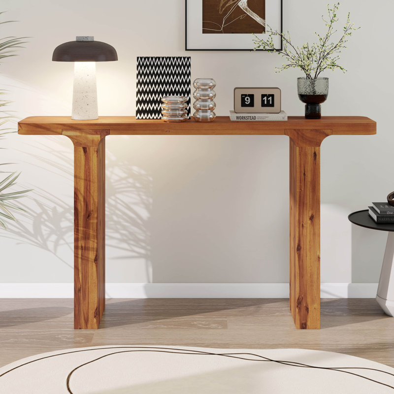 Table d'entrée en placage d'acacia de 60 po avec pieds de longueur plancher, table de canapé d'entrée minimaliste, console avec pieds carrés robustes