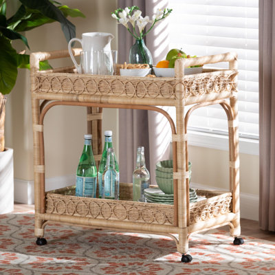 bali & pari Carole Natural Rattan Kitchen Cart - 2-Tier Handwoven Wicker Storage Trolley with Raised Borders for Kitchen or Lounge