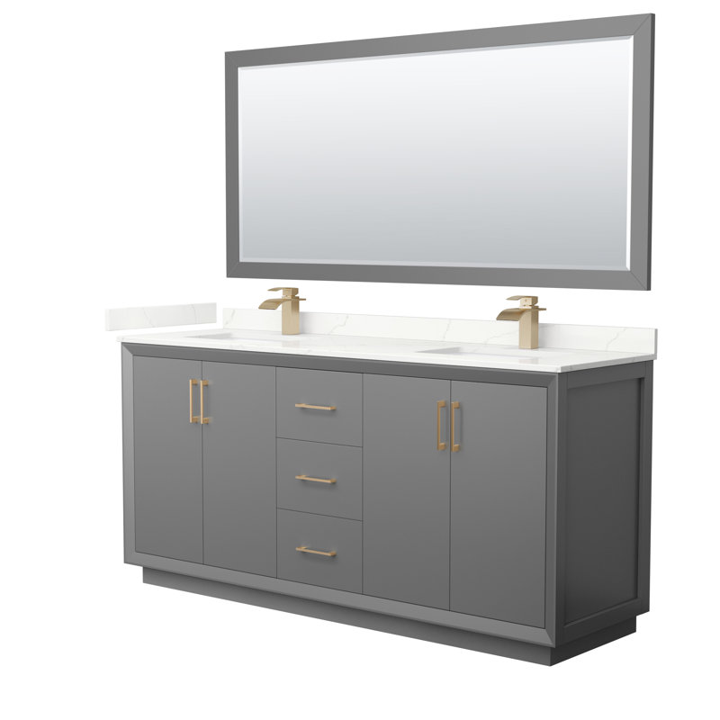 Meuble-lavabo double autoportant 72 po avec plateau en quartz Strada, Quartz Giotto, Gris foncé, Bronze satiné