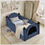 Lit simple château avec barrière de sécurité et rideau, structure en bois massif, tissu bouclé, blanc-78590983