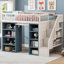 Lit mezzanine pleine grandeur pour chambre d'enfant en bois massif blanc avec deux armoires de rangement à quatre couches et rideau