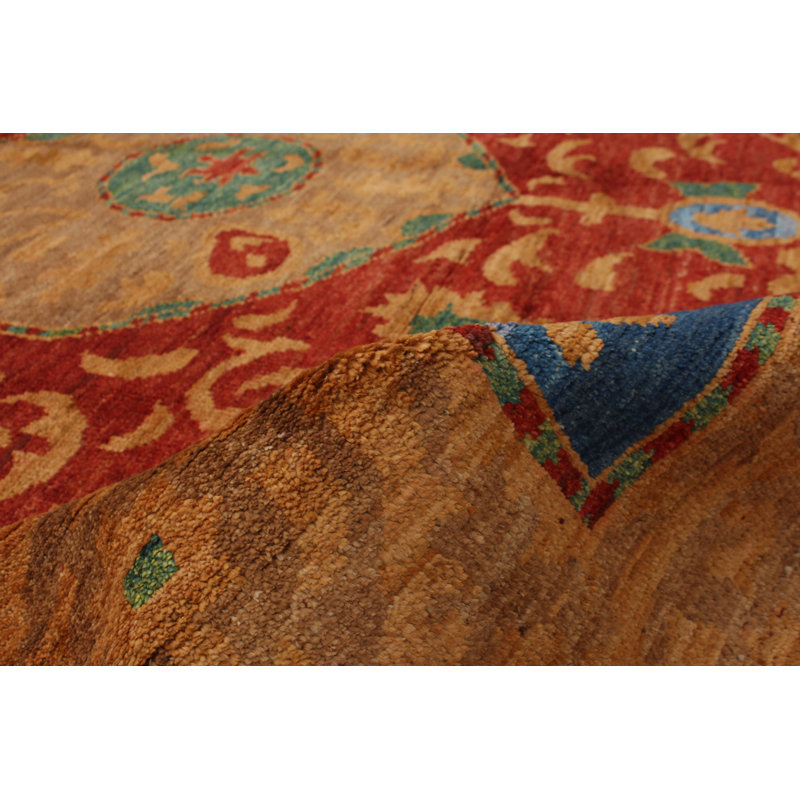 Tapis unique en laine noué à la main Shalimar des années 2010 de 9 pi 6 po x 12 pi 2 po brun clair / rouge Céline