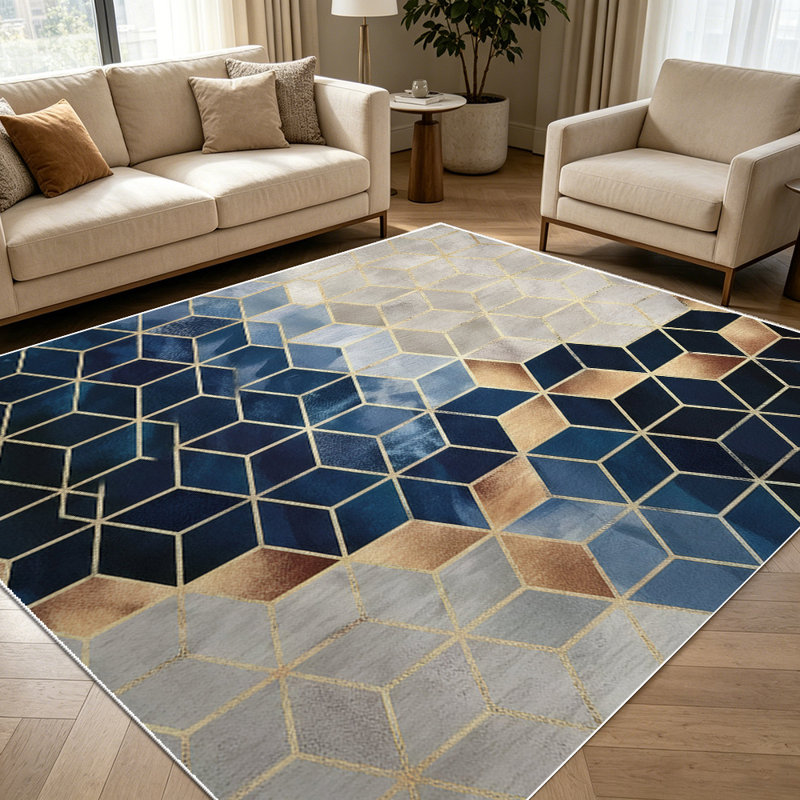 1PC Geometric Hexagon Gold Line Marble Pattern area rugs for Living Room, Soft and Comfortable, Suitable for all seasons, easy-to-maintain, machine washable Indoor floor mat, Under Table Farmhouse suitable for dining room, bedroom, entryway, home