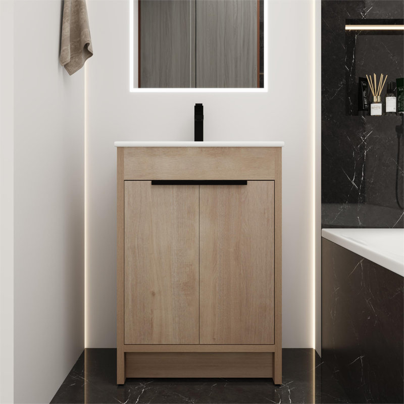 Baelynn 24" American Traditional Freestanding Single Bathroom Vanity with Ceramic Top, White, Plain Light Oak