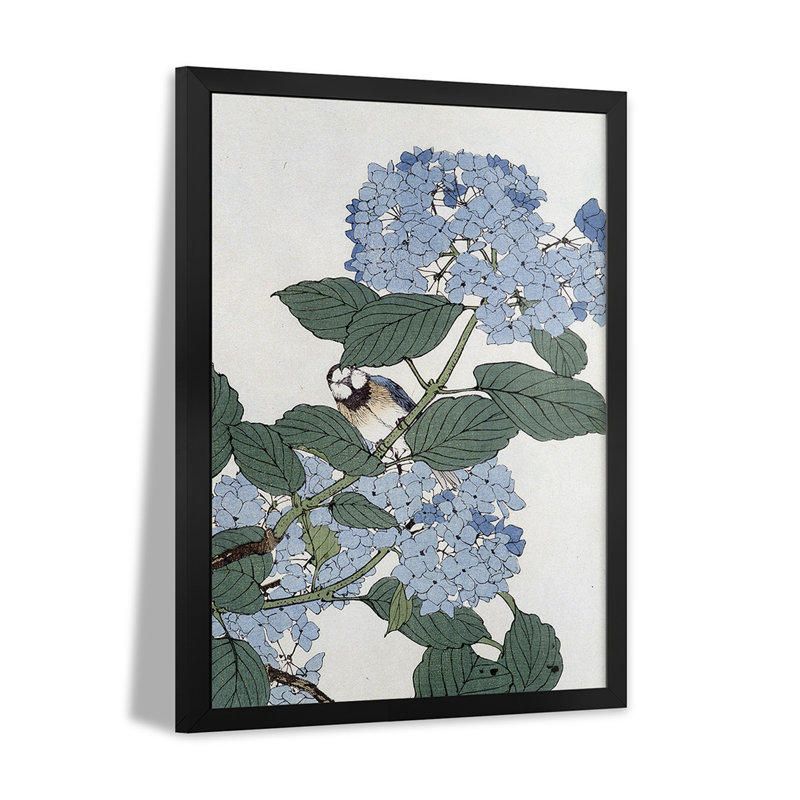 Oiseau en hortensias - reproduction japonaise - reproduction d'art murale - affiche de galerie, H 24 po x l 16 po