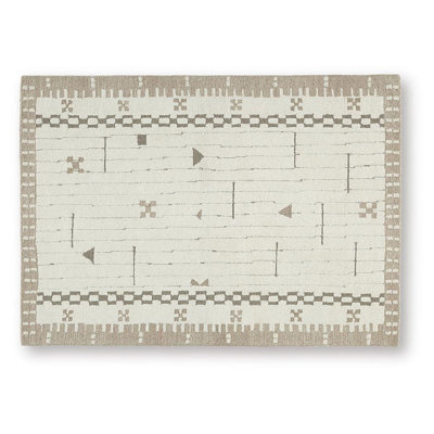 Tapis moyen Dotty, motif de bordure géométrique taupe, laine crème 5 x 7